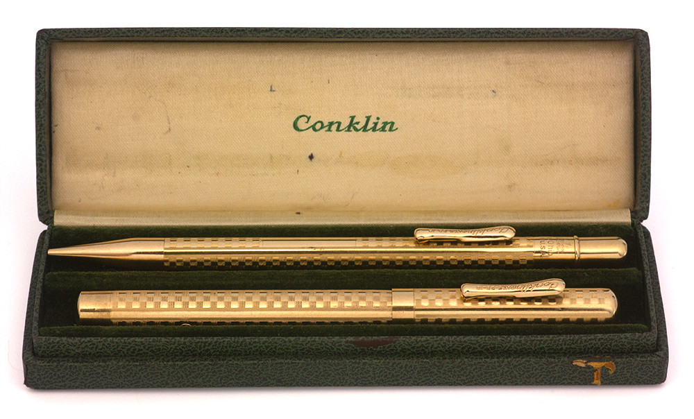Conklin "All Metal" Fountain Pen-MP Set - Checkerboard GF Overlay, Flexible Fine 14k Nib (Excellent in Box, Restored)