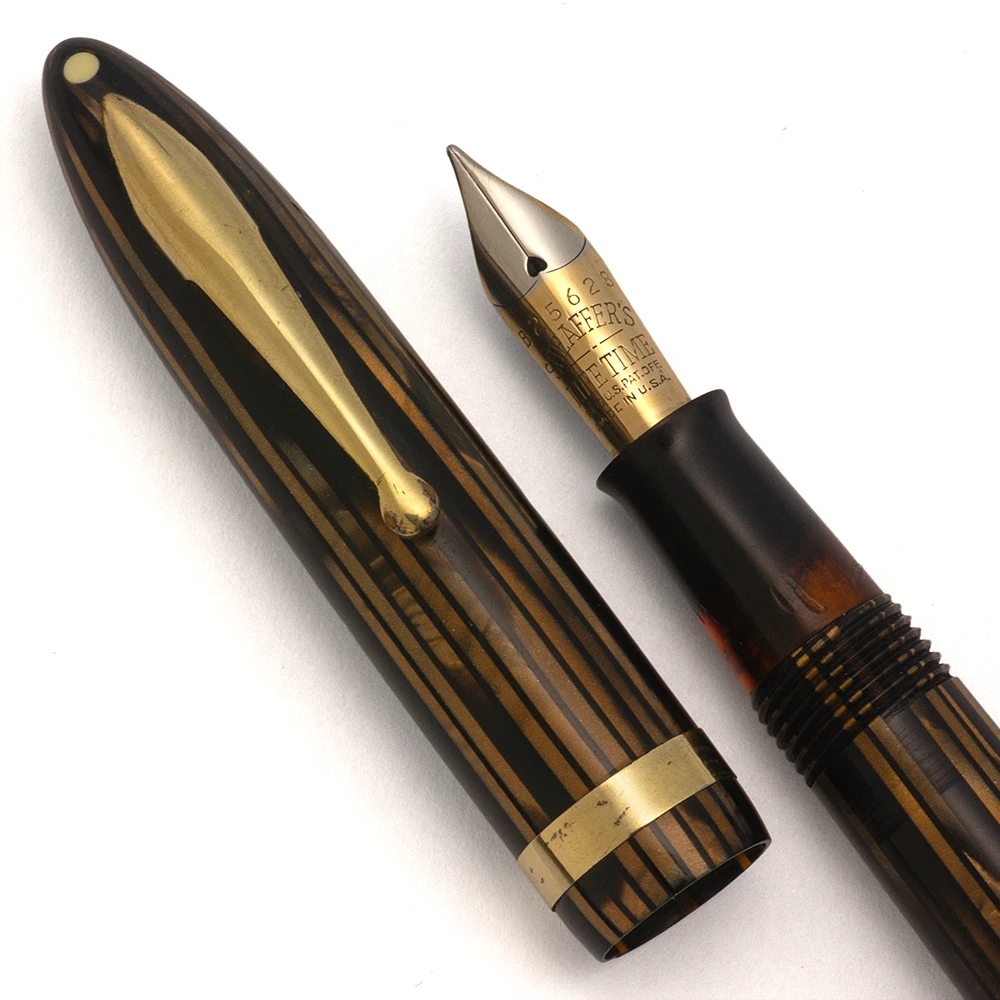 Sheaffer Balance 875 Lifetime Fountain Pen - Junior, Golden Brown Striated, Lever Fill, Medium-Fine Lifetime Nib (Excellent, Restored)