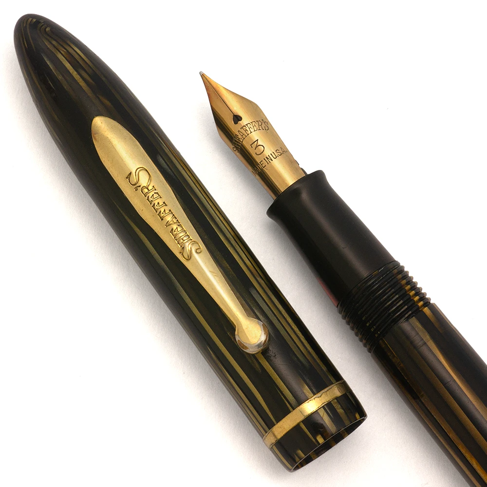 Sheaffer Balance 350 Fountain Pen (1930s) - Slim, Golden Brown Striated w/GT, Lever Filler, Fine Nib (Excellent,  Restored)