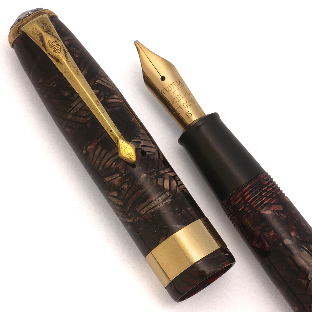 Conway Stewart 27 Vintage Fountain Pen (1950s) - Brown Crosshatch,  Lever Filler, Medium 14k #5 Nib (Excellent, Restored)