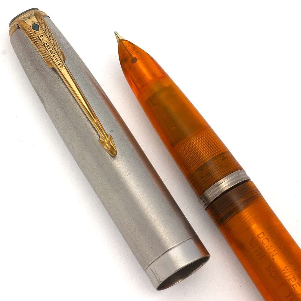 Parker 51 Kullock Aerometric - Double Jewel, Orange Demonstrator, Lustraloy Cap, Gold Blue Diamond Clip, Fine Gold Nib (Excellent, Works Well)
