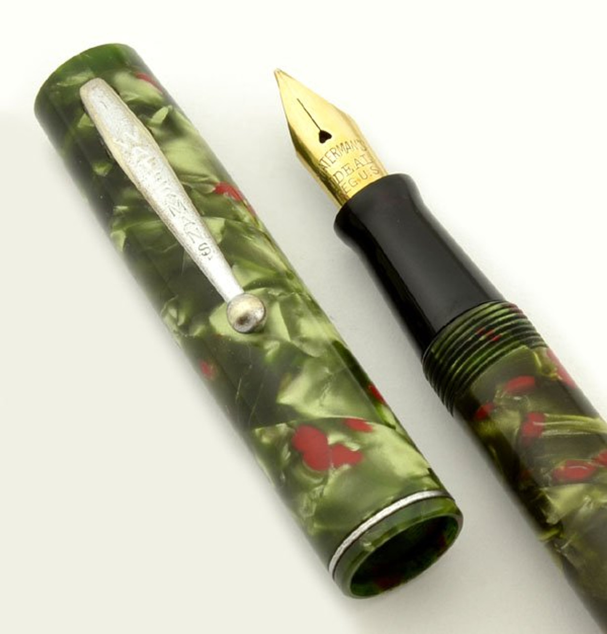 Waterman 3 Fountain Pen -  Green w Red Flecks, Chrome Trim, Fine Flexible Nib (Excellent, Restored)