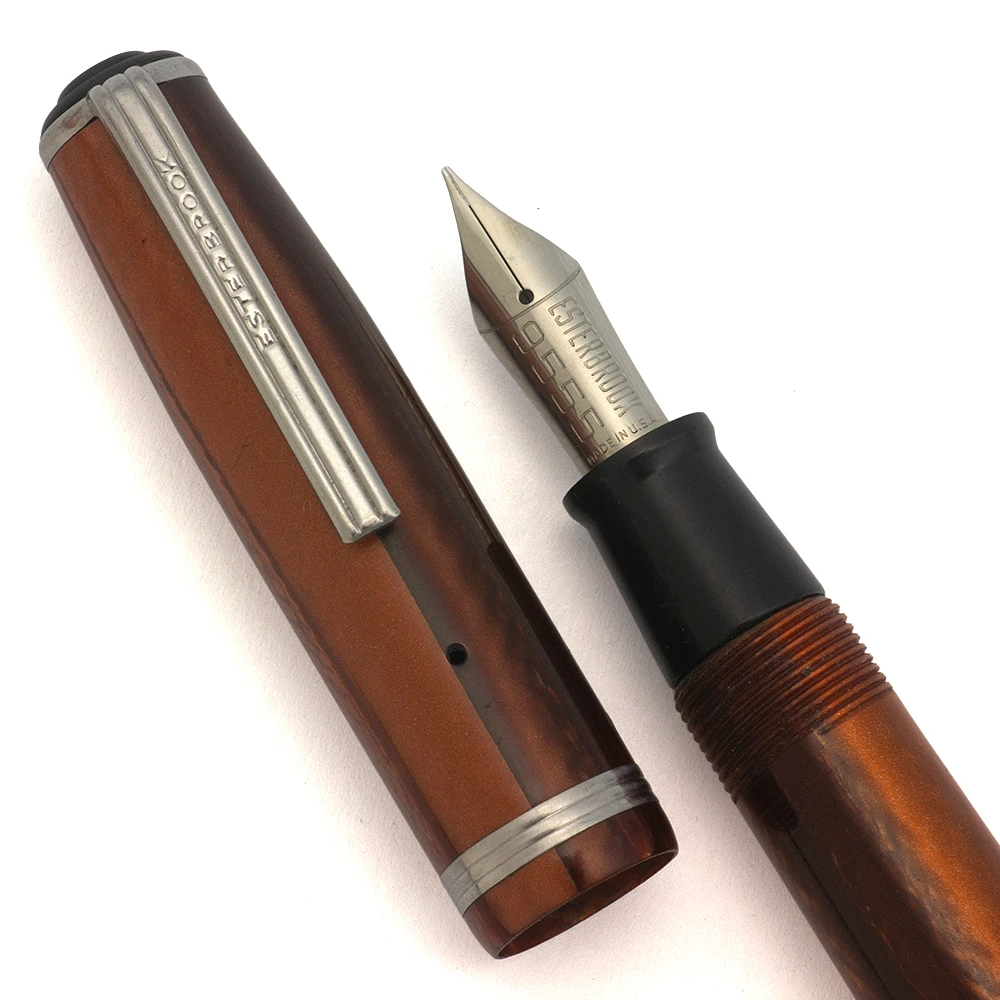 Esterbrook J Fountain Pen (1950s)  - Copper w Steel Trim, Lever Filler, Fine Firm Gregg #9555 Steel Nib (Excellent, Restored)