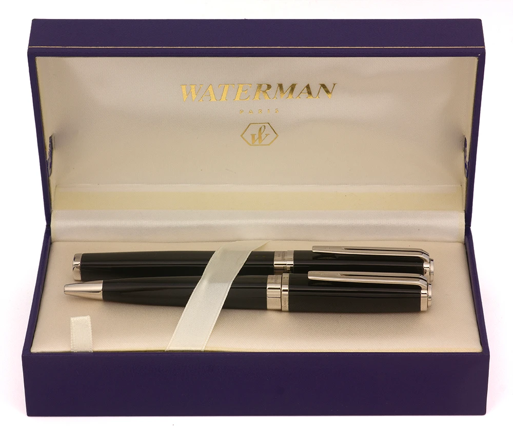 Waterman Exception Fountain Pen & Ballpoint Set - Black and Silver, C/C,  Medium 18k Nib (Excellent in Box, Works Well)