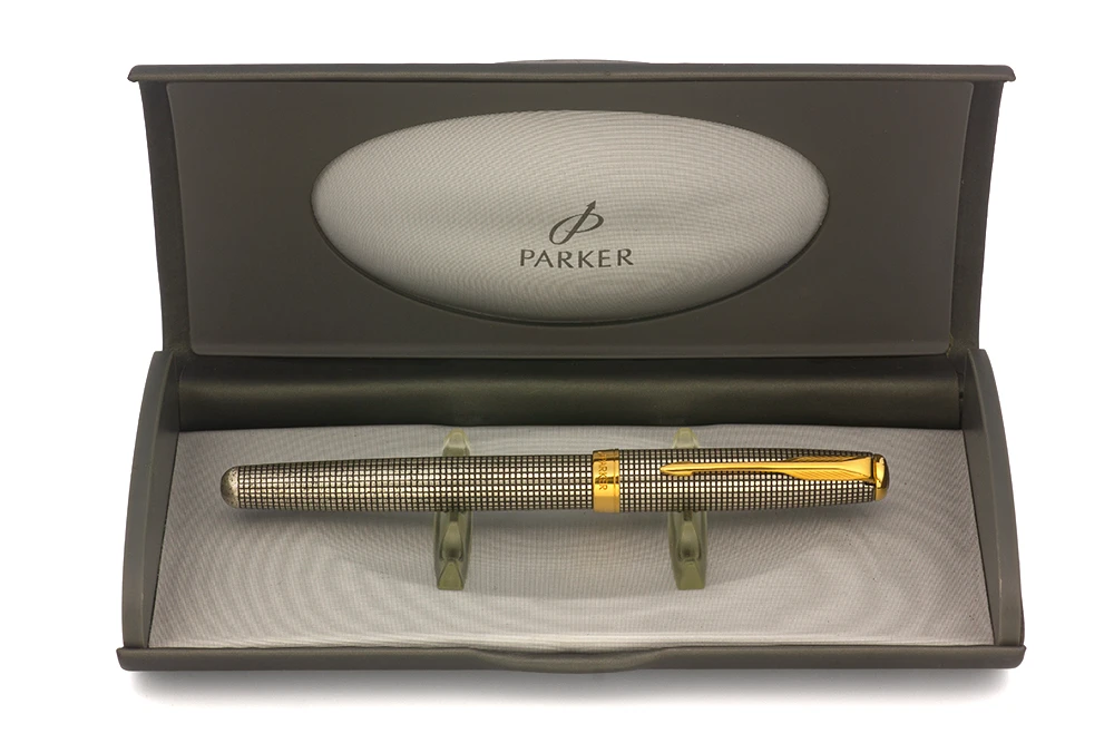 Parker Sonnet Cisele Fountain Pen (2004) - Sterling Silver Grid w GT, C/C, 18k Medium Nib (Excellent in Box, Works Well)