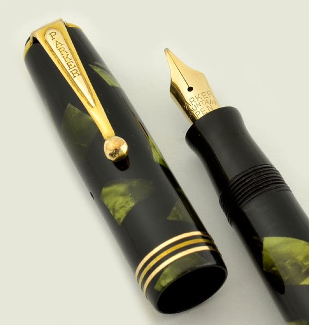 Parker Premiere aka Duette Sr. Fountain Pen - Canada, Green Marble, Medium Semi-Flex (Excellent, Restored)