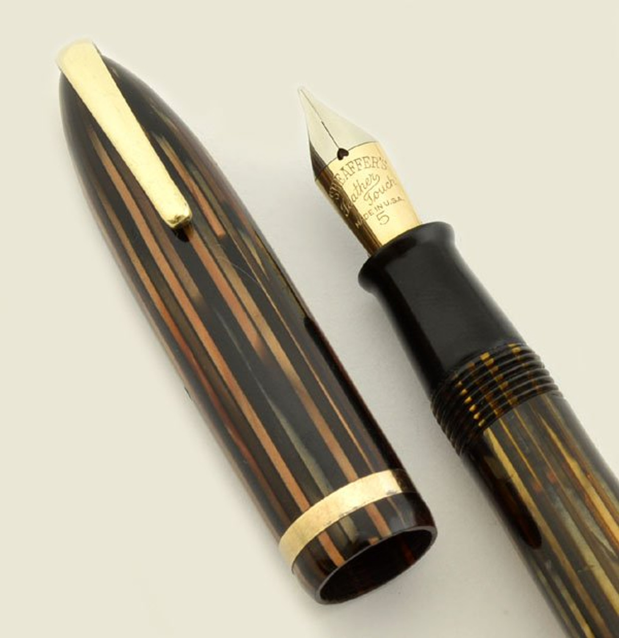 Sheaffer 500 - Military Clip, Brown Striated, Fine Feather Touch 5 Nib, Vac-Filler (Restored)