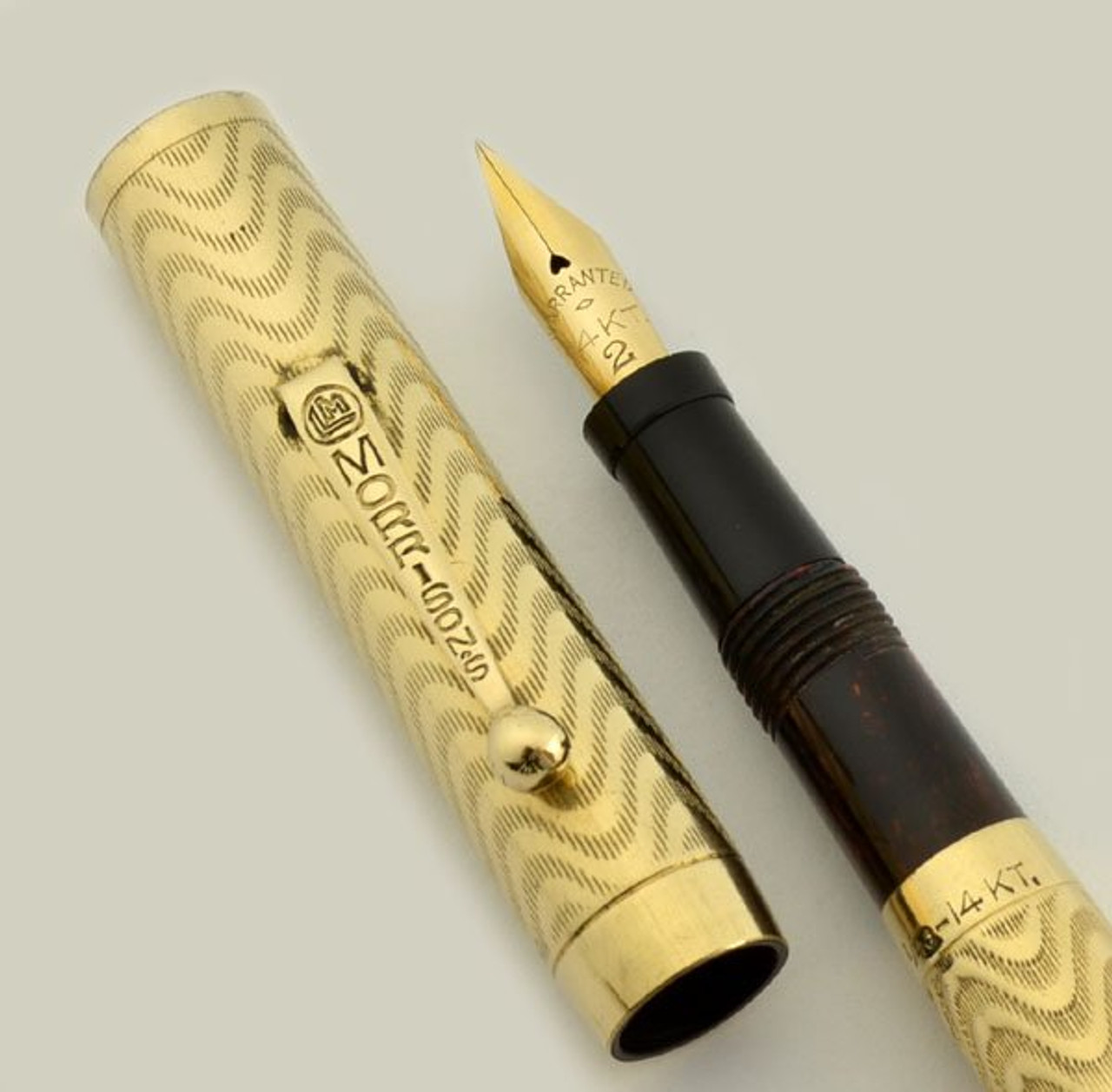 Morrison Fountain Pen - Full Size, GF Overlay, Mottled Red Hard Rubber, Full Flex Fine (Superior, Restored)