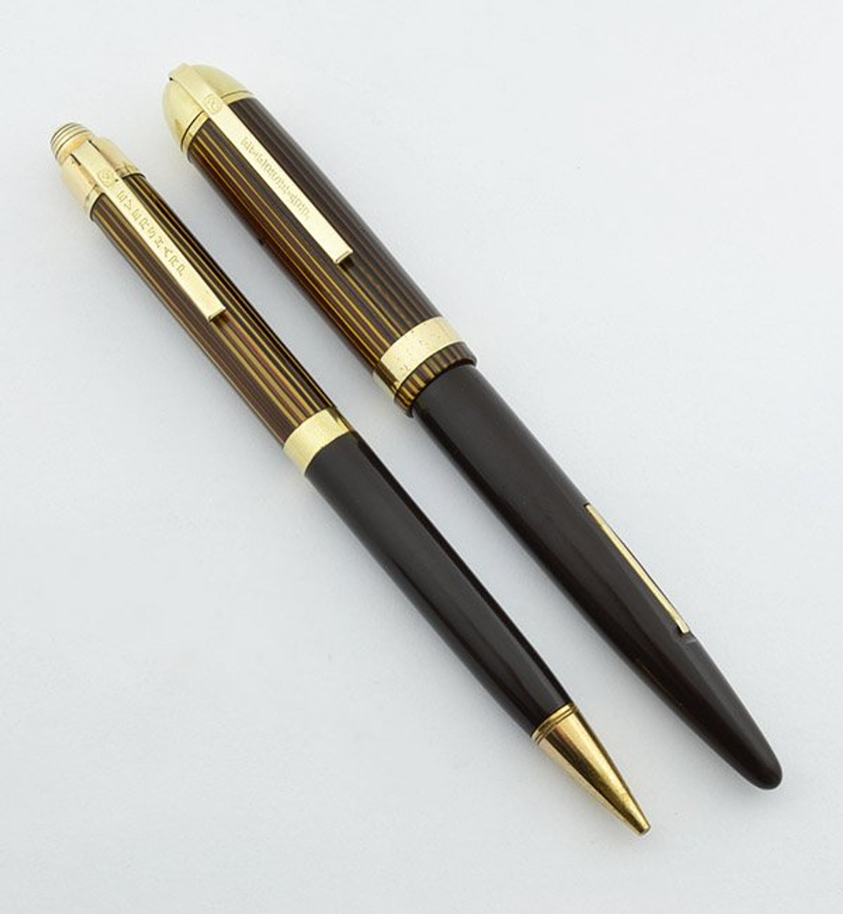 Eversharp Skyline Fountain Pen and Pencil Set - Striped Brown Cap & Solid Barrel, Wide Band, Flexible Medium (Very Nice, Restored)