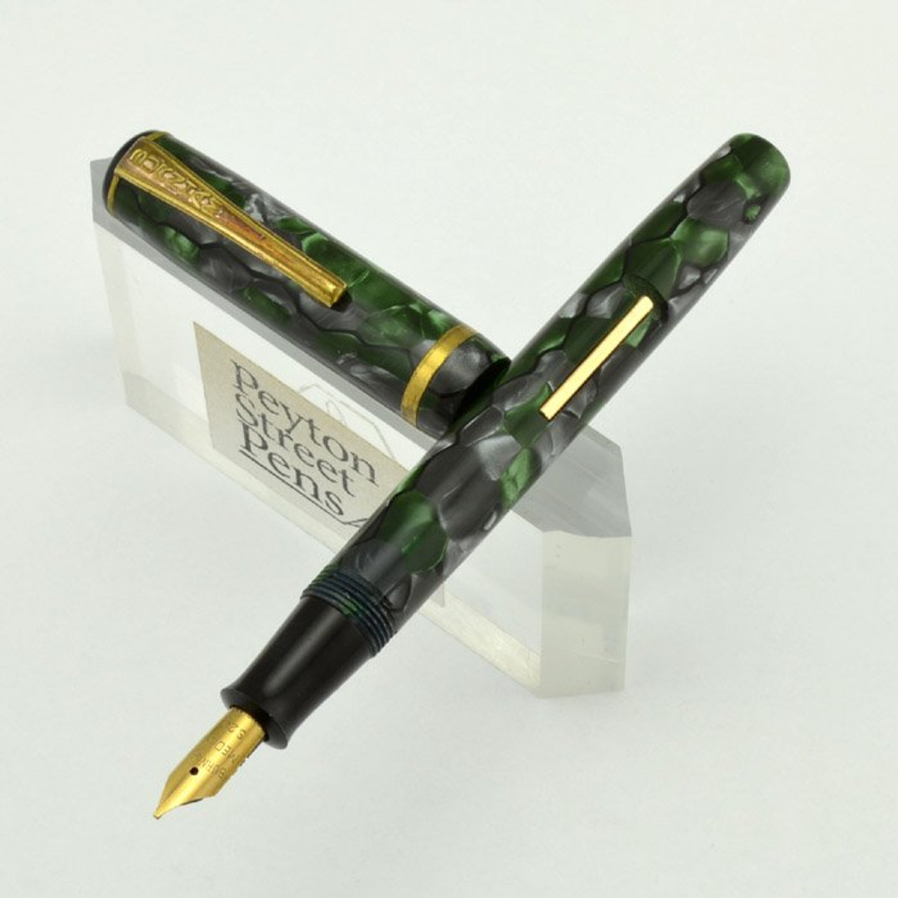 Burnham Model 47 Fountain Pen - UK, 1940s, Green-Grey-Black, Medium Plated Nib (Very Nice, Restored)
