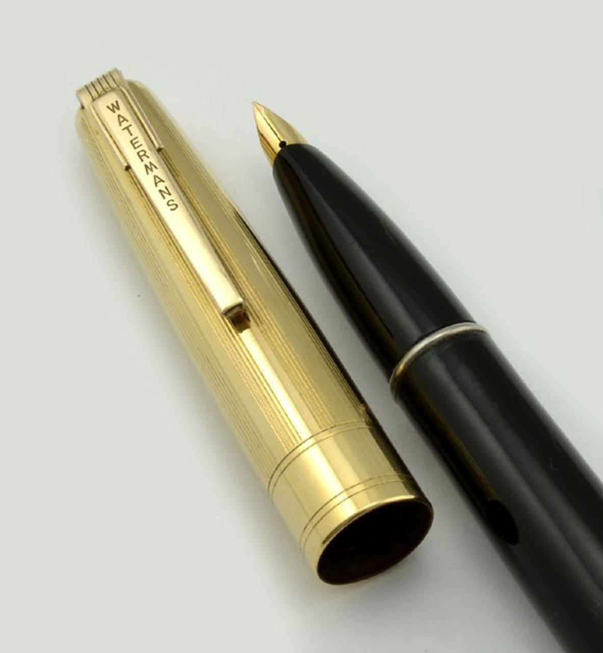 Waterman Taperite Stateleigh Fountain Pen - Black w Gold  Cap, Fine (Superior, Restored)