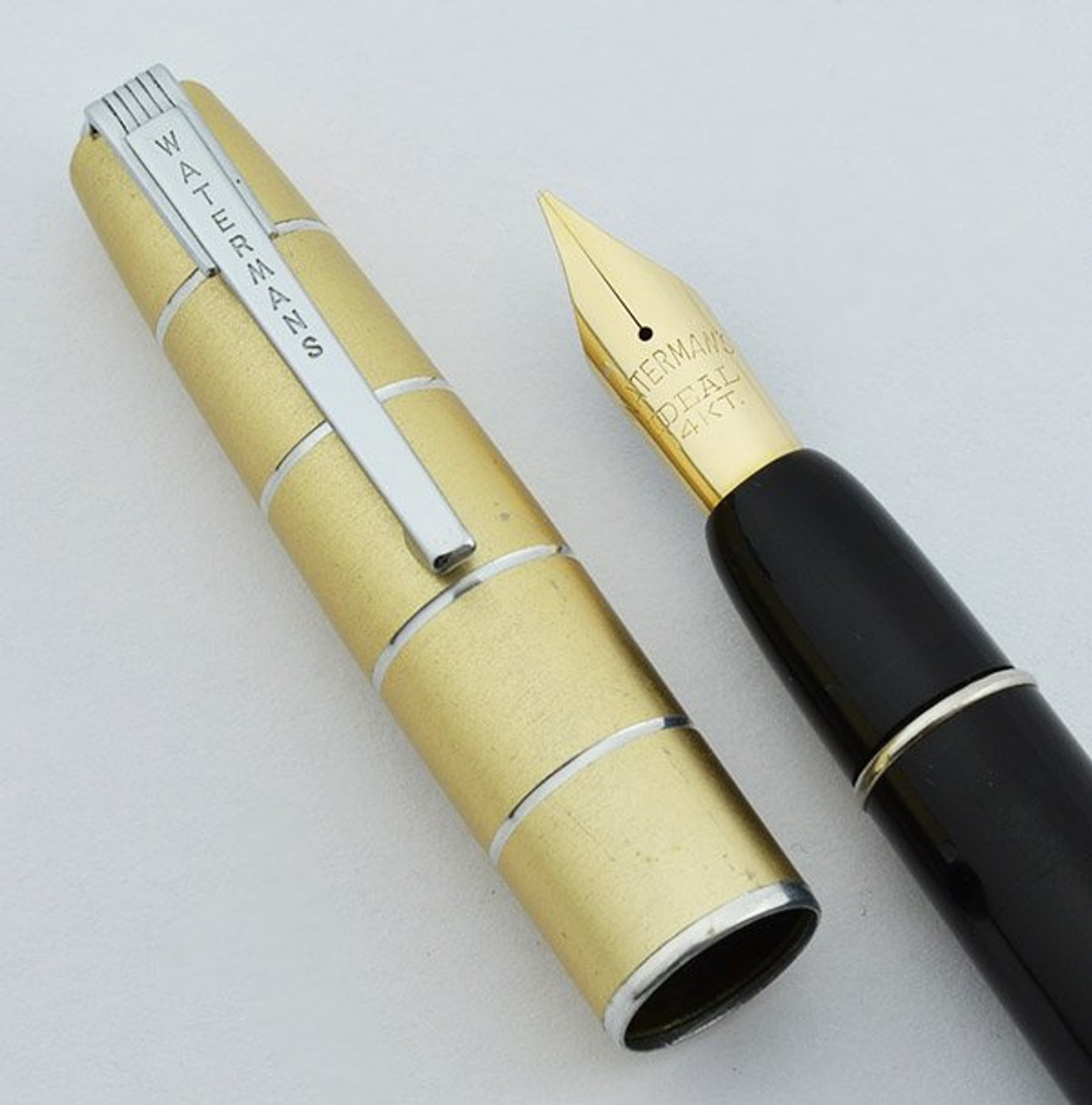 Waterman Taperite Crusader Fountain Pen - Grey, Gold Cap, Medium Cursive Italic Semi-Flex (Very Nice, Restored)