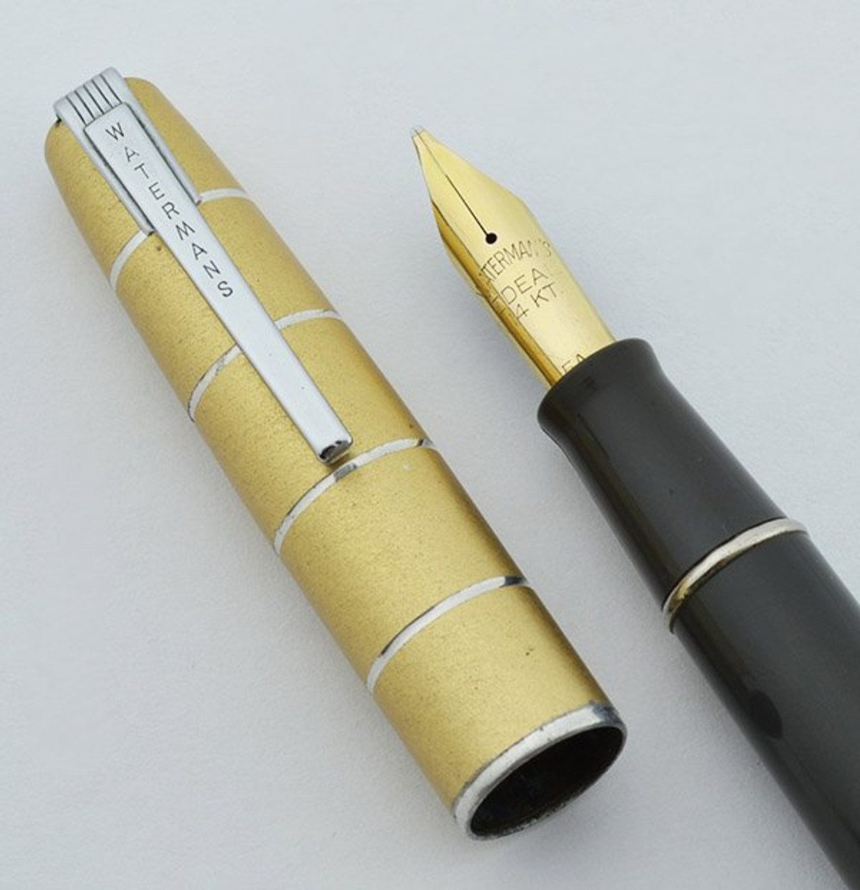 Waterman Taperite Crusader Fountain Pen - Grey, Gold Cap, Medium Cursive Italic Semi-Flex (Very Nice, Restored)