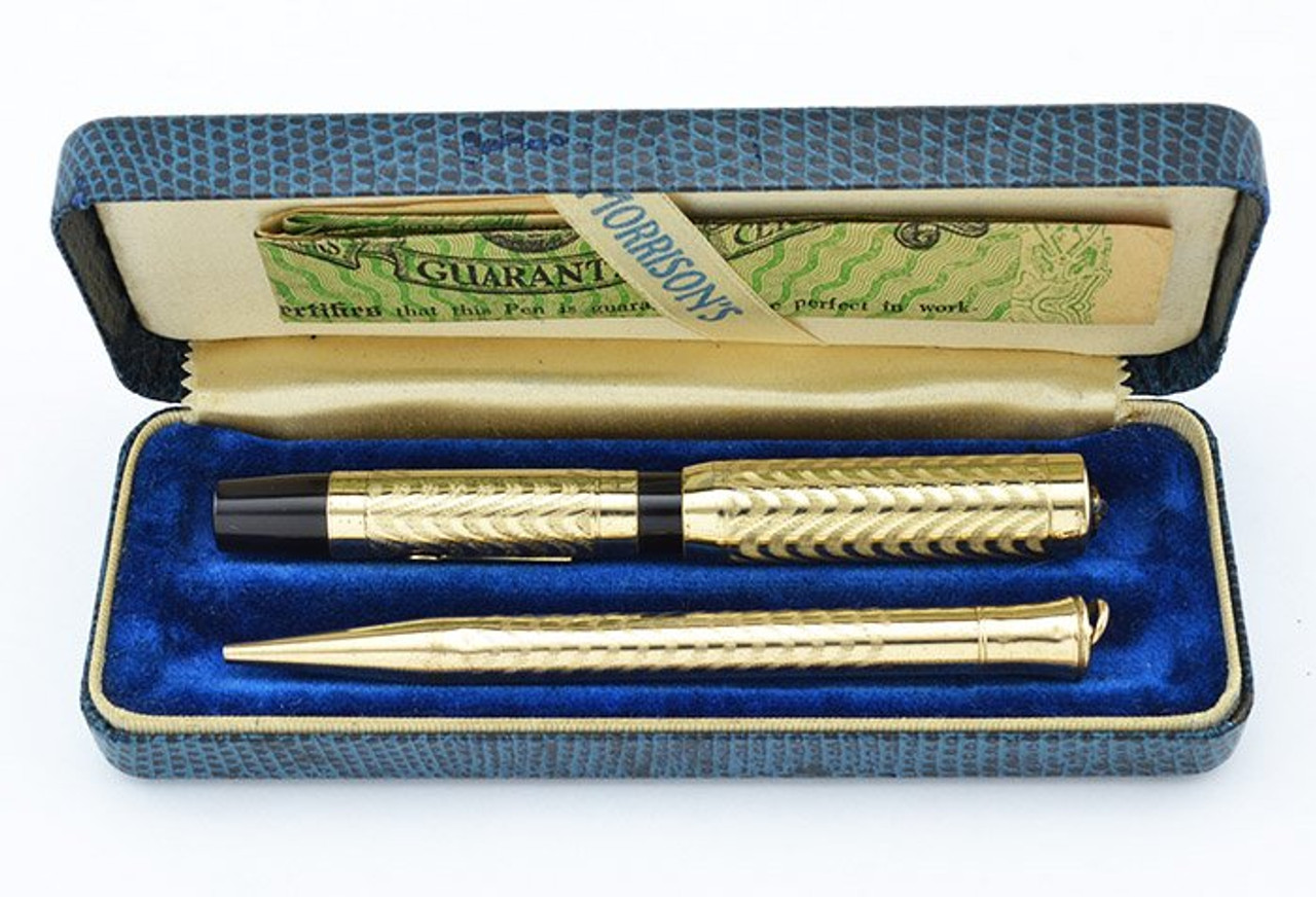 Morrison Fountain Pen Set - Ring Top, GF Overlay, Flexible Medium (Excellent +, Restored, Boxed)
