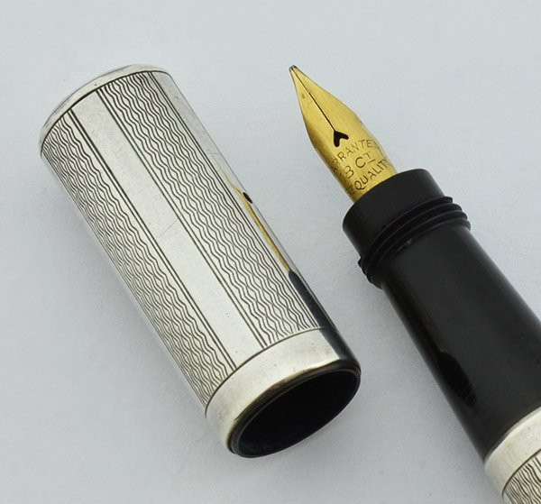 Vintage Safety Pen - Sterling, Fine Wavy Lines, Fine Flexible Nib (Excellent, Restored)