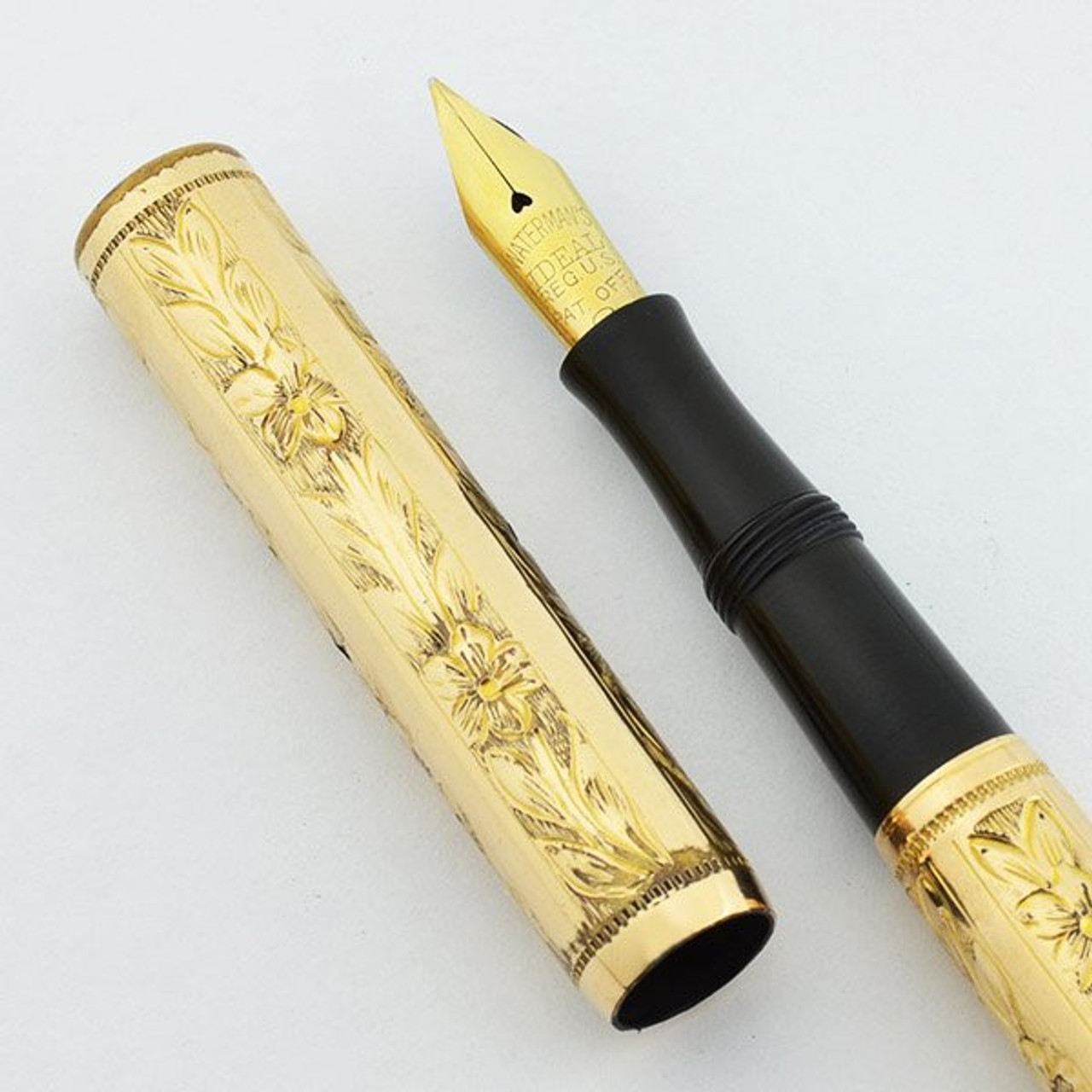 Waterman 0512 1/2 PSF Fountain Pen - Floral Panel Gold Filled Overlay, Fine Flexible Nib (Very Nice, Restored)