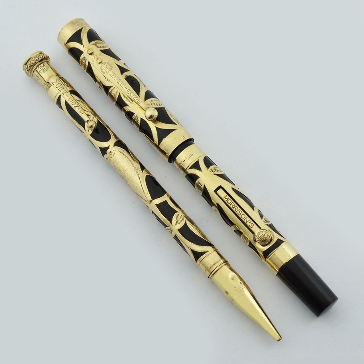 Morrison Fountain Pen Set - Full Size, Gold Filled Filigree Overlay, Flexible Fine (Excellent, Restored)
