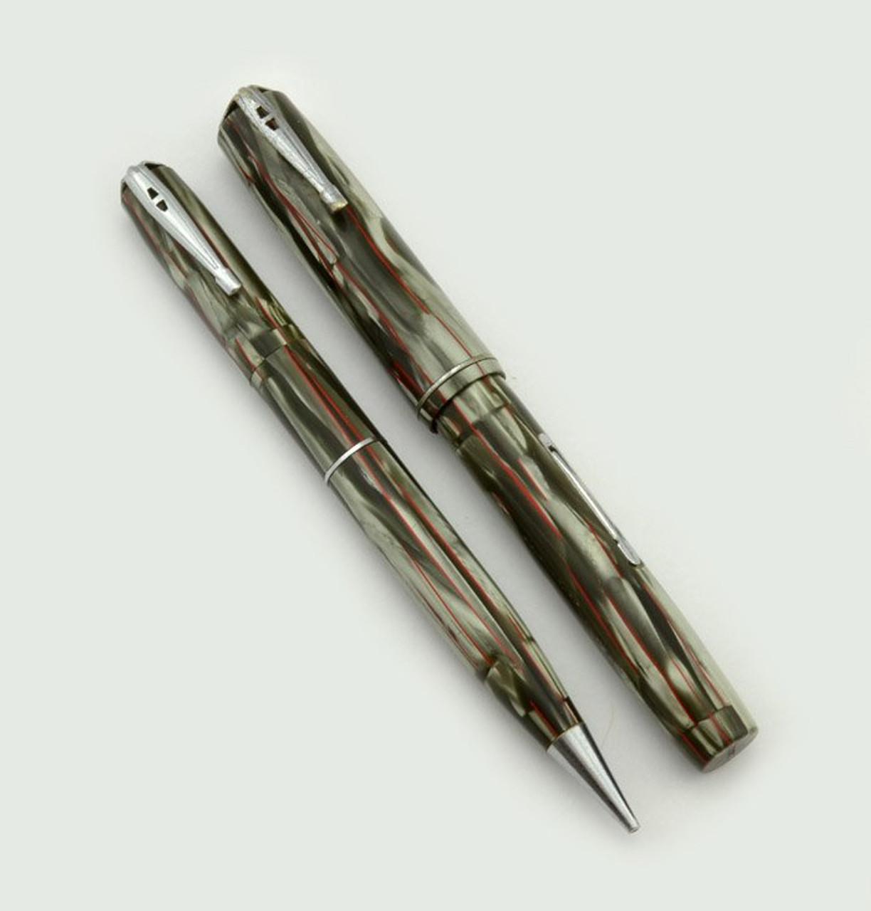 Waterman Thorobred 3V/32V Fountain Pen Set -1930s, Grey Marble with Red Veins, 14k Extra Fine Semi-Flex (Excellent, Restored)