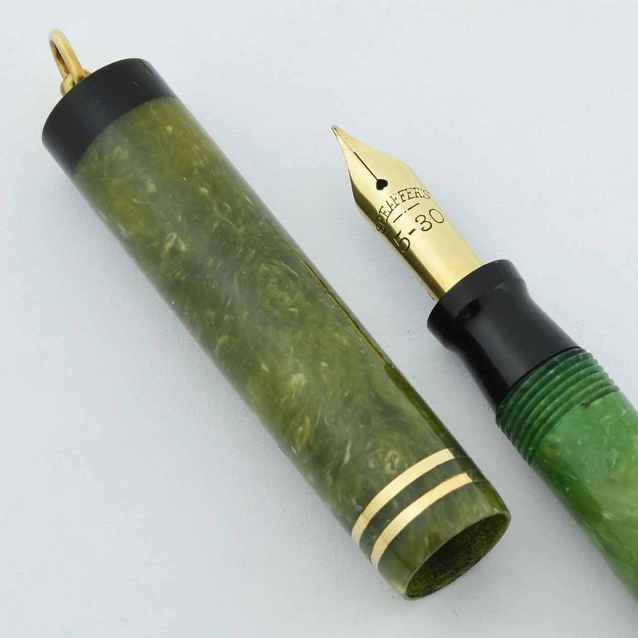 Sheaffer Flat Top 5-30 Fountain Pen - Green w Black Ends, Ring Top, Fine (Excellent, Restored)