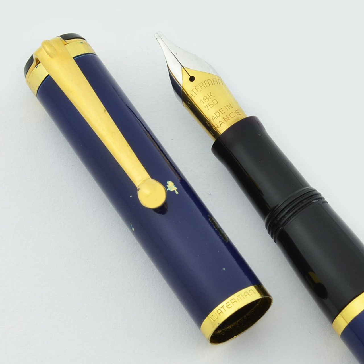 Waterman "Watermina" Fountain Pen - Blue Enamel, Gold Plated Trim, Fine 18k Nib (User Grade, Works Well)