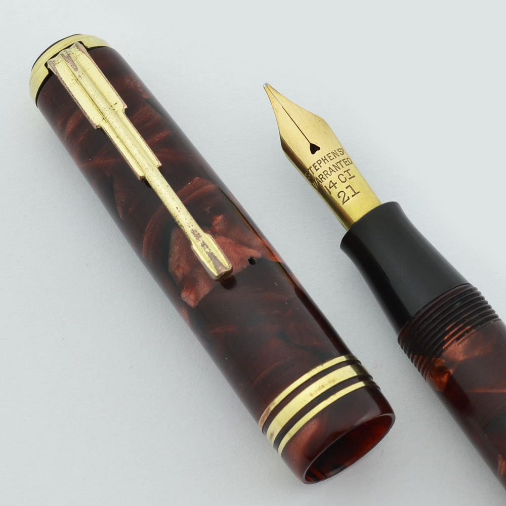 Stephen's #21 Fountain Pen - Burgundy Marble, Button Fill, Semi Flex Fine (Excellent, Restored)