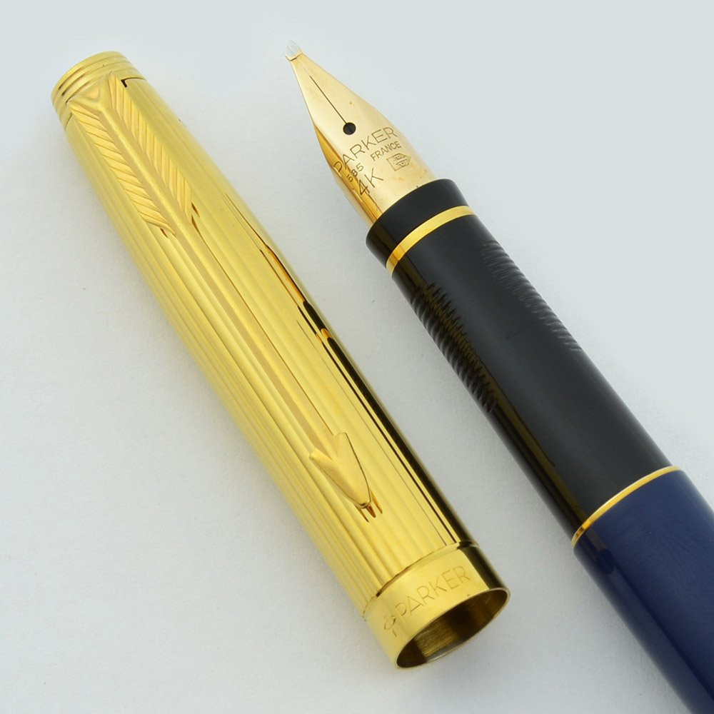 Parker 75 Custom Fountain Pen - Gold Lined Cap, Blue Lacquer, #58 Broad Oblique Italic 30* Nib (Mint)