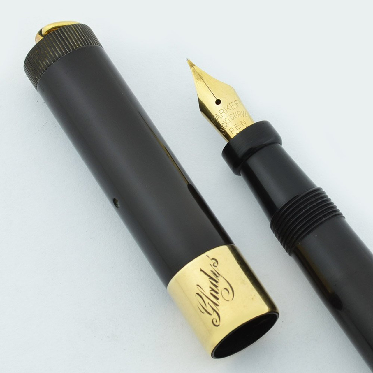 Parker Lady Duofold Deluxe Fountain Pen - Wide Band, Black Hard Rubber, Flexible Extra Fine (Excellent, Restored)