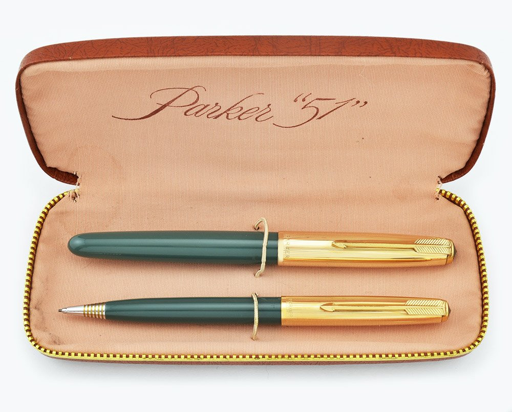 Parker 51 Aerometric Fountain Pen Pencil Set - 1949, Navy Grey, GF Converging Lines Cap, Fine (Near Mint, Boxed, Works Well)