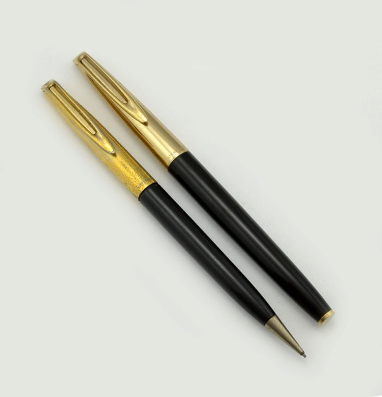 Waterman CF Fountain Pen Set - 1950s, Black w Gold Plated Caps, 14k Fine Semi-Flex (Very Nice)