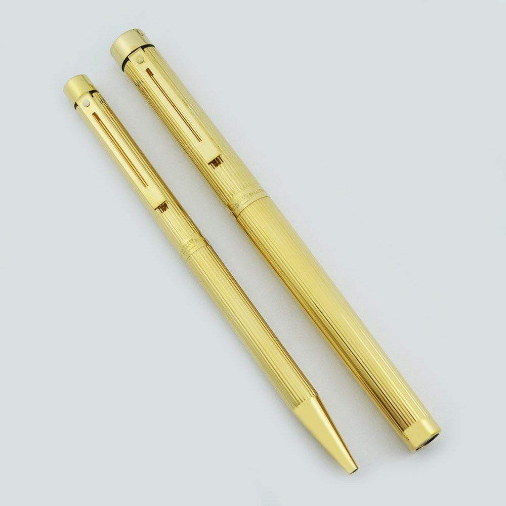 Sheaffer Targa 1005 Fountain Pen Set - Gold Fluted, Fine 14k Nib