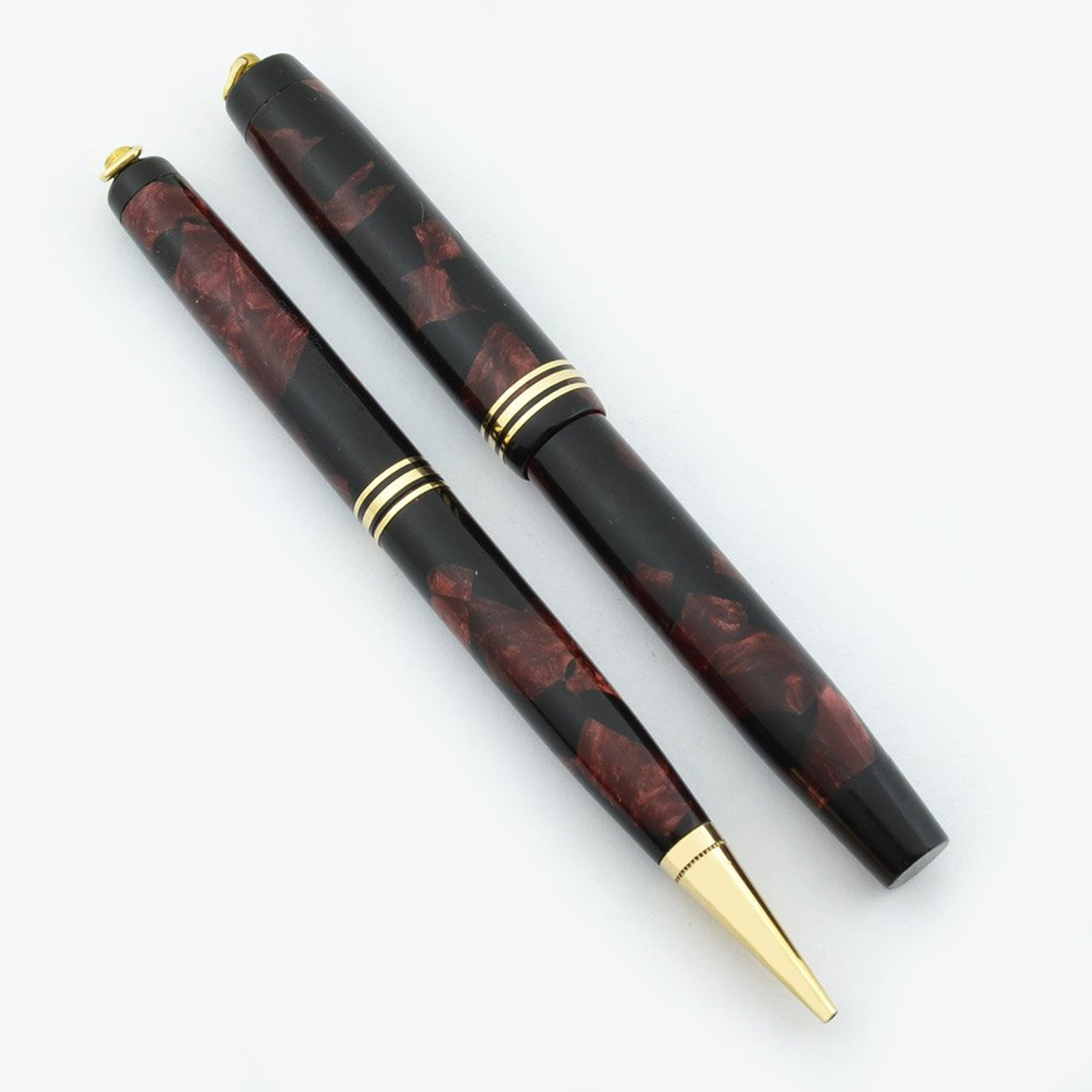 Parker Lady Duofold Fountain Pen Pencil Set - Streamline Ring Top, Burgundy Black, Extra Fine  (Excellent +, Restored)