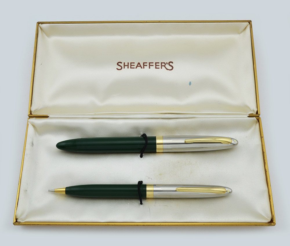 Sheaffer Sentinel Deluxe Fountain Pen Set - "Fat" Touchdown, Green, Extra Fine (Excellent, Restored, Boxed)