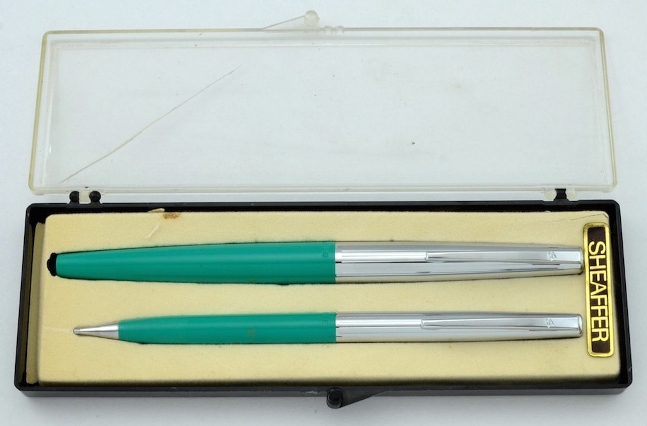 Sheaffer Stylist 202 Fountain Pen Pencil Set - Aqua, Chrome Caps, Fine (Near Mint, Boxed) Sheaffer Stylist 202 Fountain Pen Pencil Set - Aqua, Chrome Caps, Fine (Near Mint, Boxed)