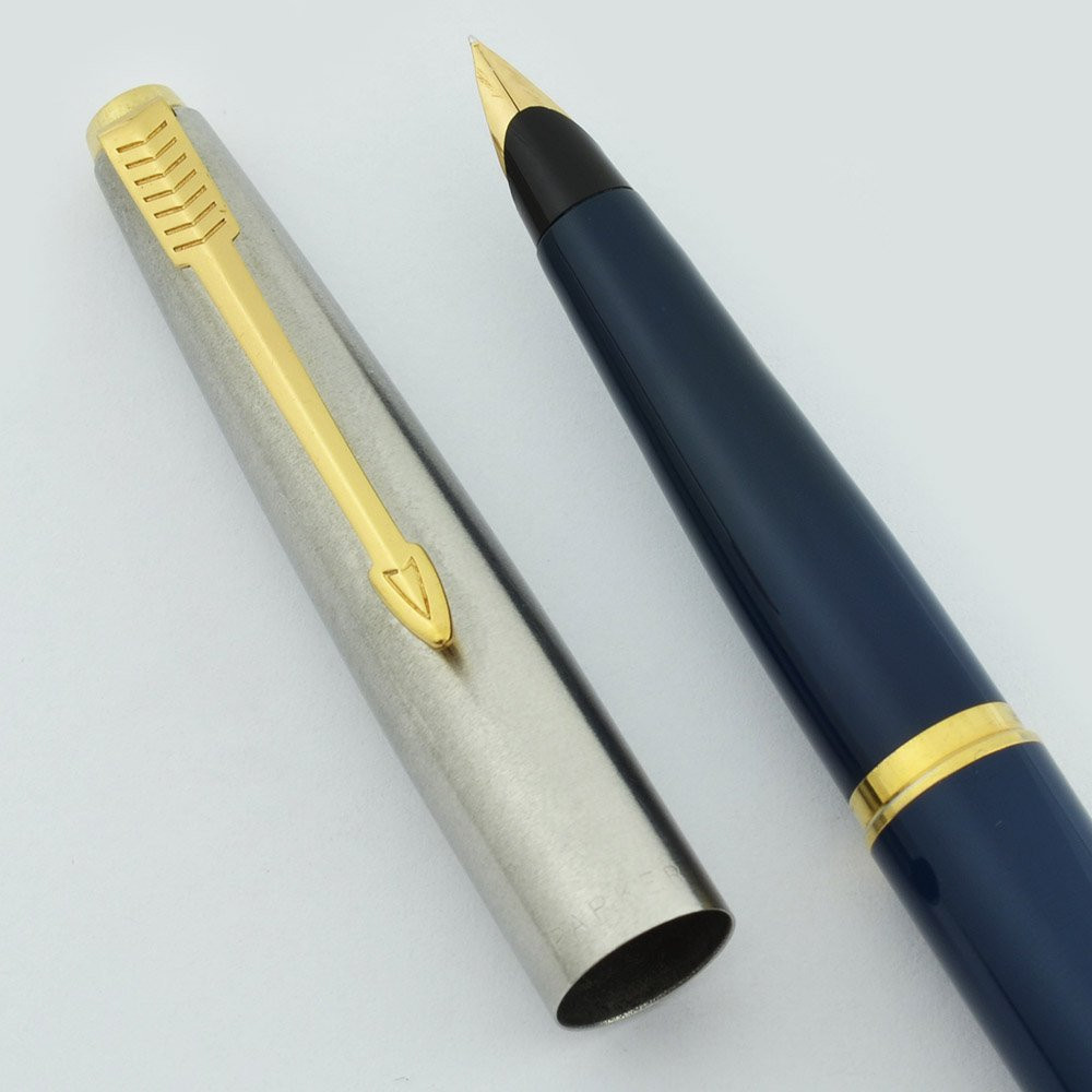 Parker 45 Fountain Pen - Blue, GT, 14k Fine Nib (Excellent, Original Converter)