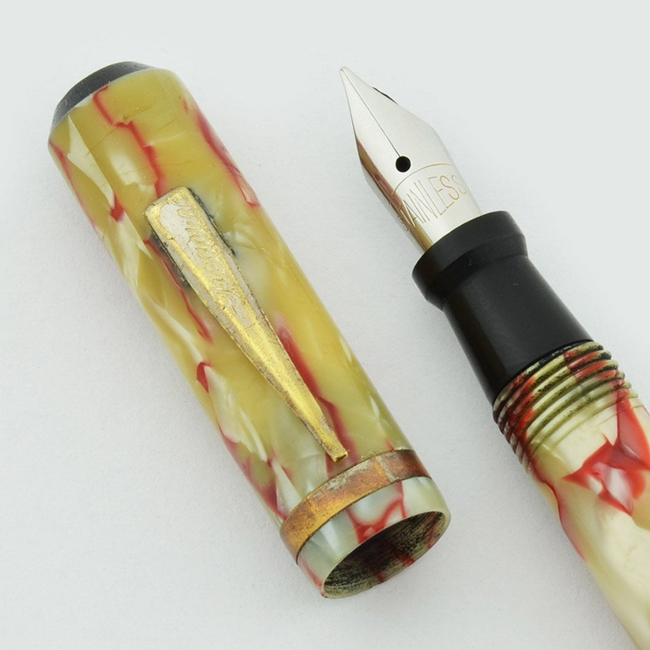 Treasure Mini Fountain Pen - Pearl and Red, Medium Steel Nib (User Grade, Restored)