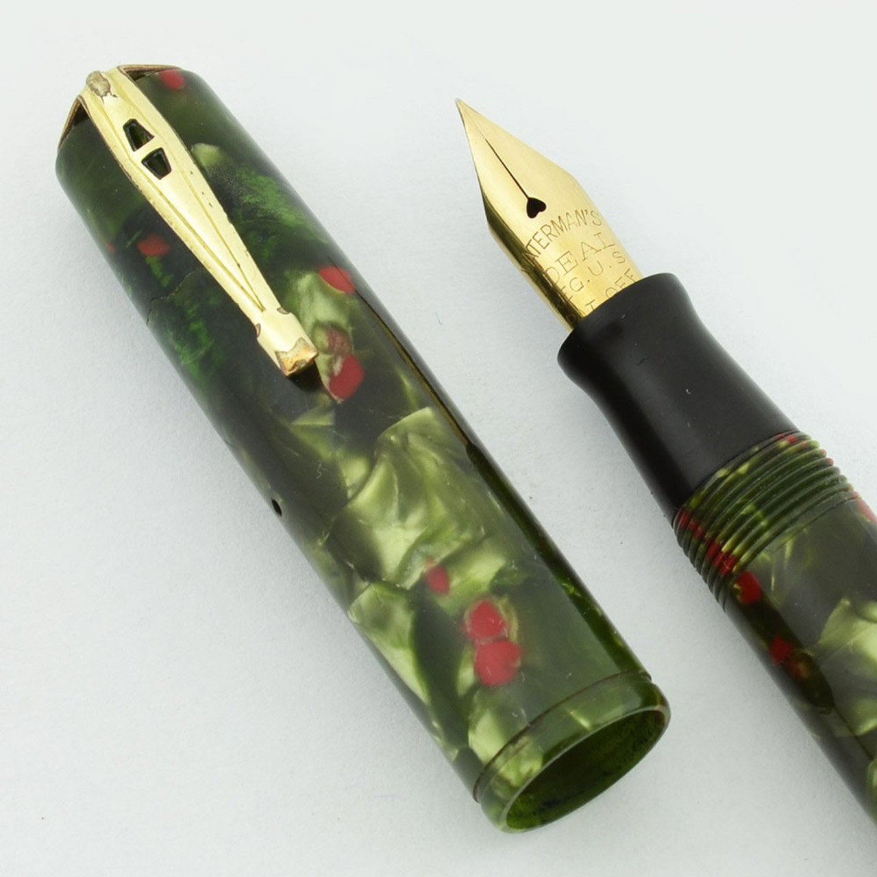 Waterman 92V Fountain Pen - Green and Red Marble, Fine Flexible Nib (Very Nice, Restored)