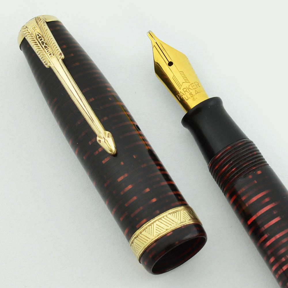 Parker Vacumatic Major Fountain Pen - 1951 Canada, Laminated Burgundy Pearl, Re-Tipped Stub (Very Nice, Restored)