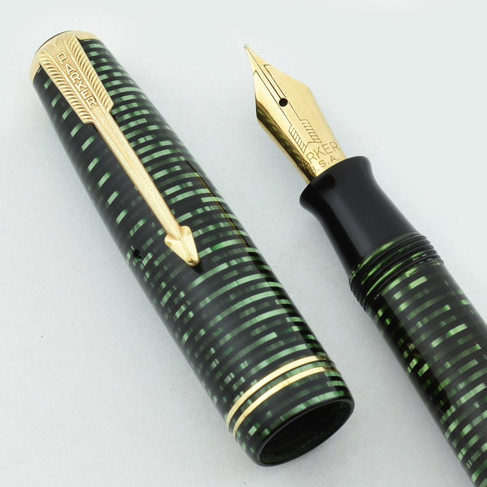 Parker Vacumatic Fountain Pen - 1941 Full Size Junior, Green, Double Jewels, Medium Fine (Excellent +, Restored)