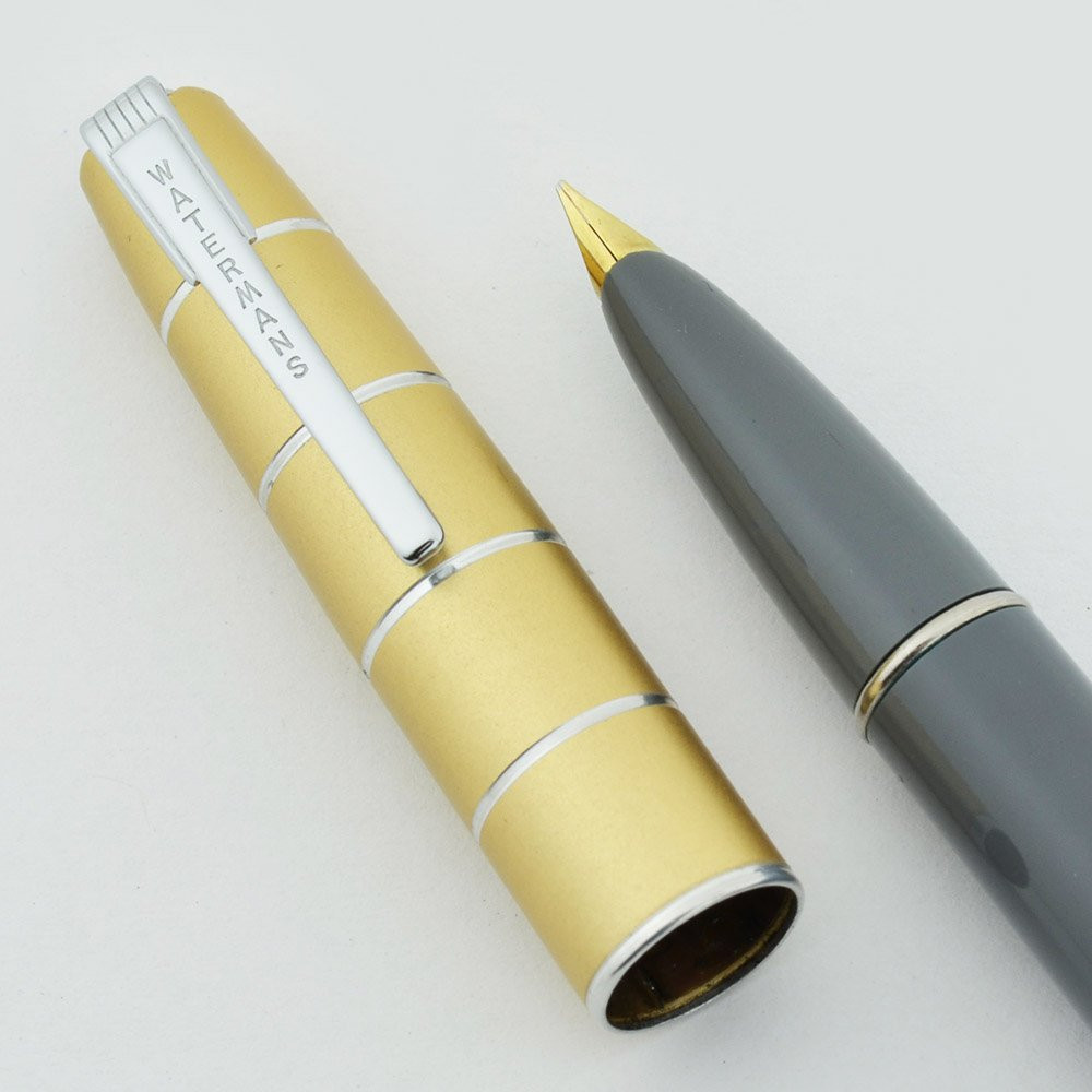Waterman Taperite Crusader Fountain Pen - Grey, Gold Cap, Medium (Excellent, Restored)