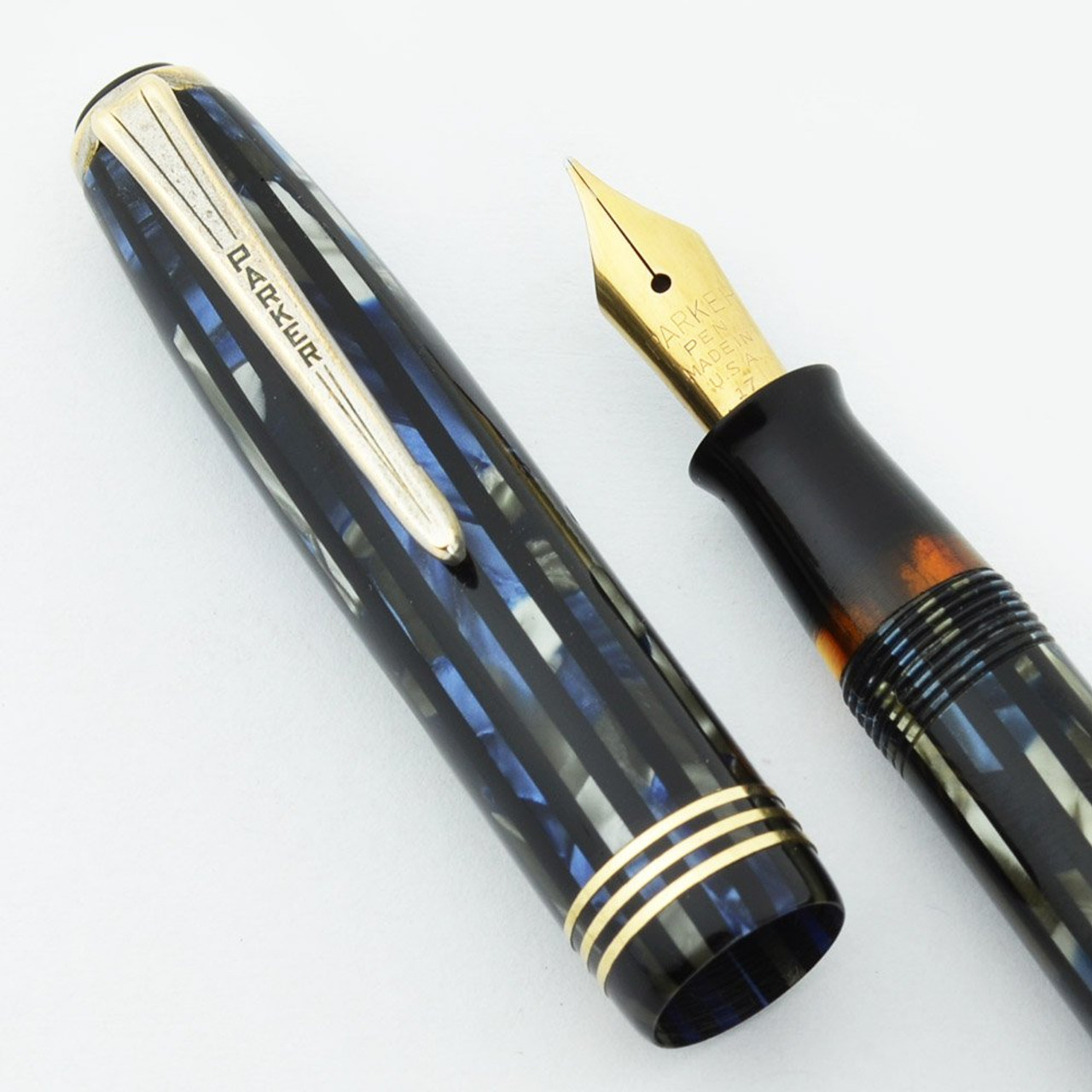 Parker Duovac Button Filler - Full Size, 1941, Striped Blue, Fine (Excellent, Restored)