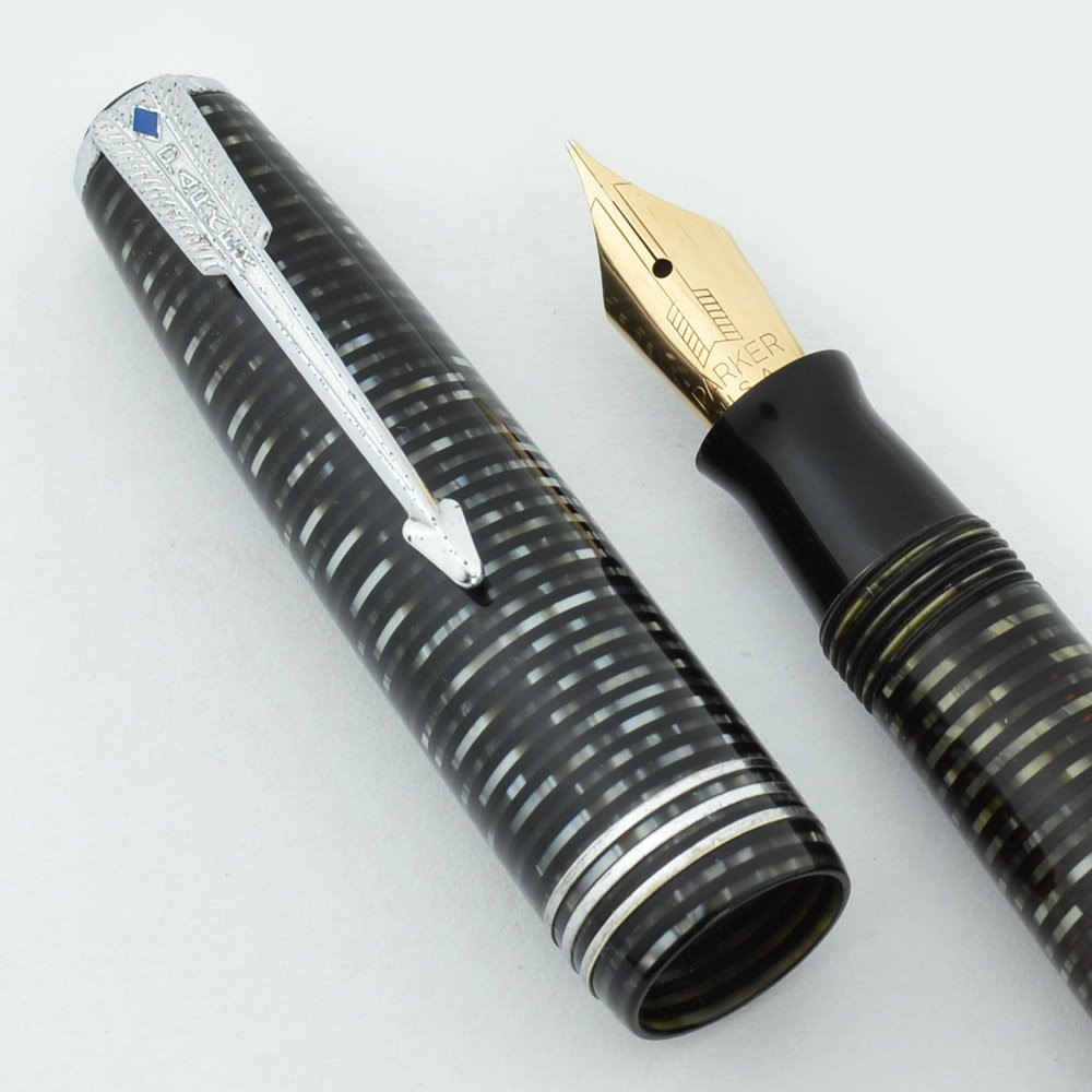 Parker Vacumatic Major Fountain Pen - 1943, Grey Pearl, Triple Band, Fine Semi-Flex Nib (Excellent, Restored)