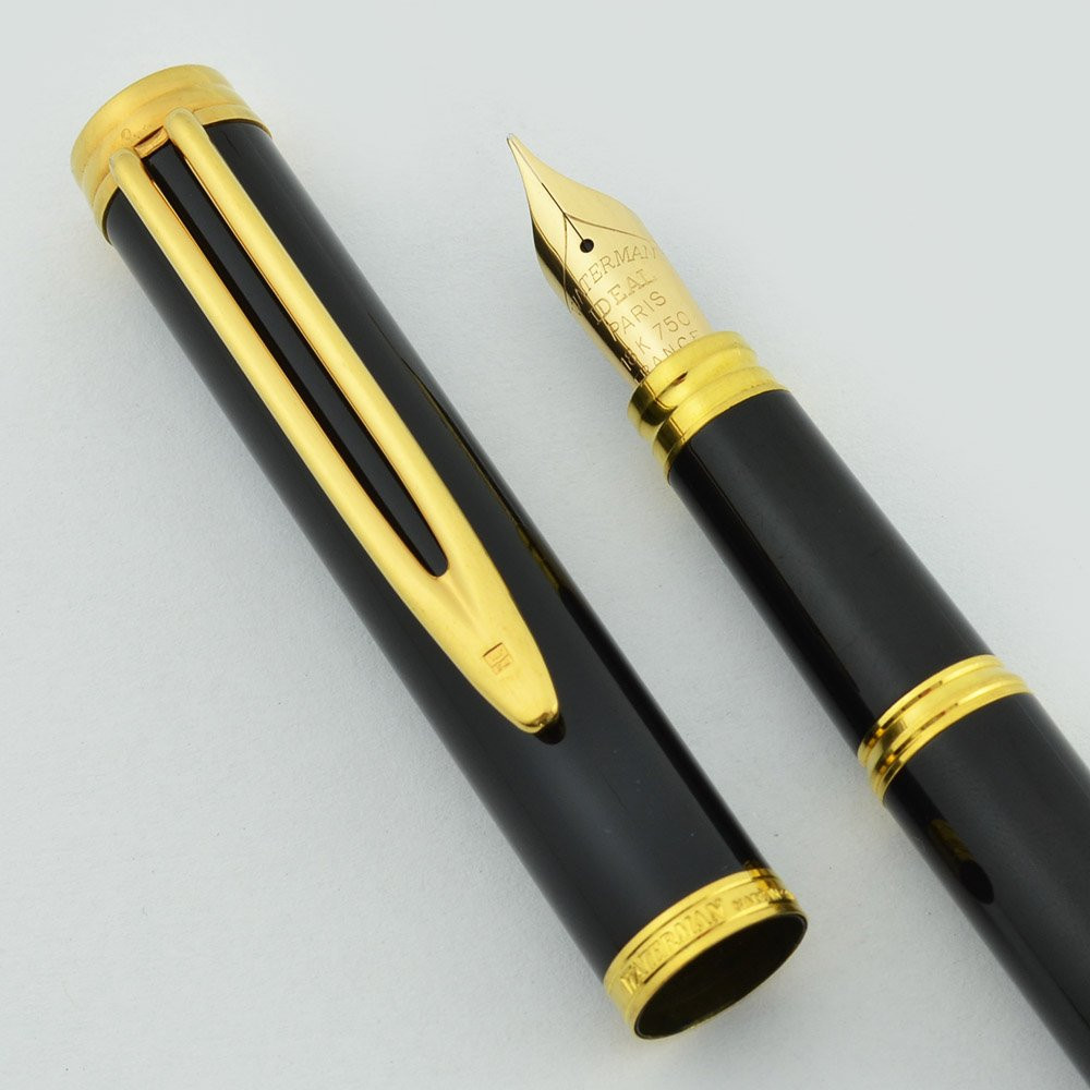 【WATERMAN】 万年筆 ケース付き ジェントルマン?　18k Waterman Gentleman Fountain Pen - Black Lacquer, Gold Trim, Fine