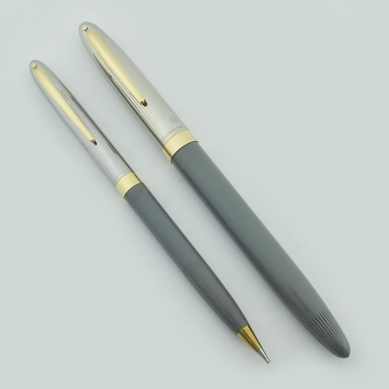 Sheaffer Sentinel Snorkel Fountain Pen Pencil Set - Grey, Fine 14k Nib (Excellent, Restored)