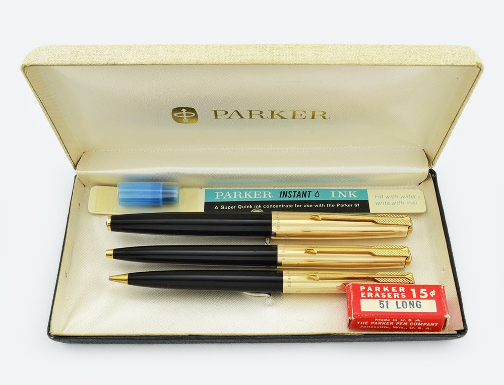 筆記具 PARKER 14k Parker 61 Mk II 3-Piece Set - Black w Gold Filled Caps, Broad 14k