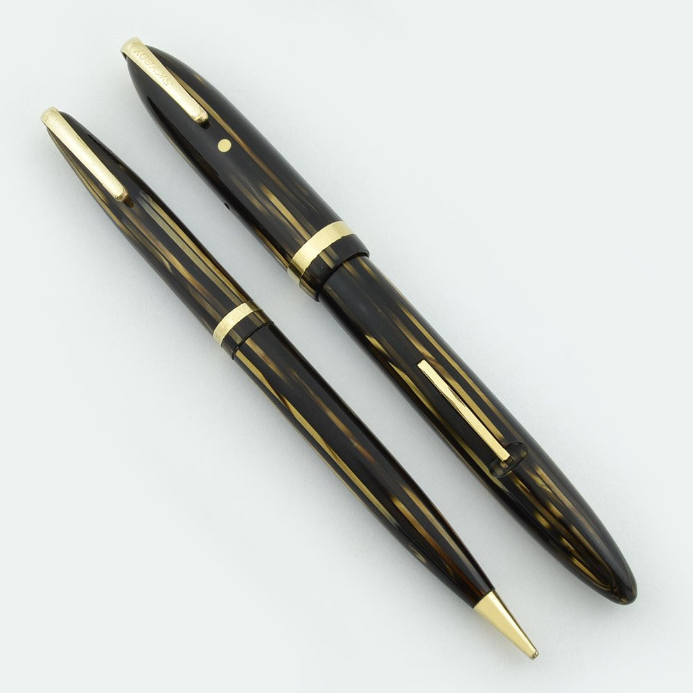Sheaffer Valiant 1000 Lifetime "Skyboy" Fountain Pen Set - Military Clips, Lever Fill, Brown Striated, Extra Fine (Excellent, Restored)