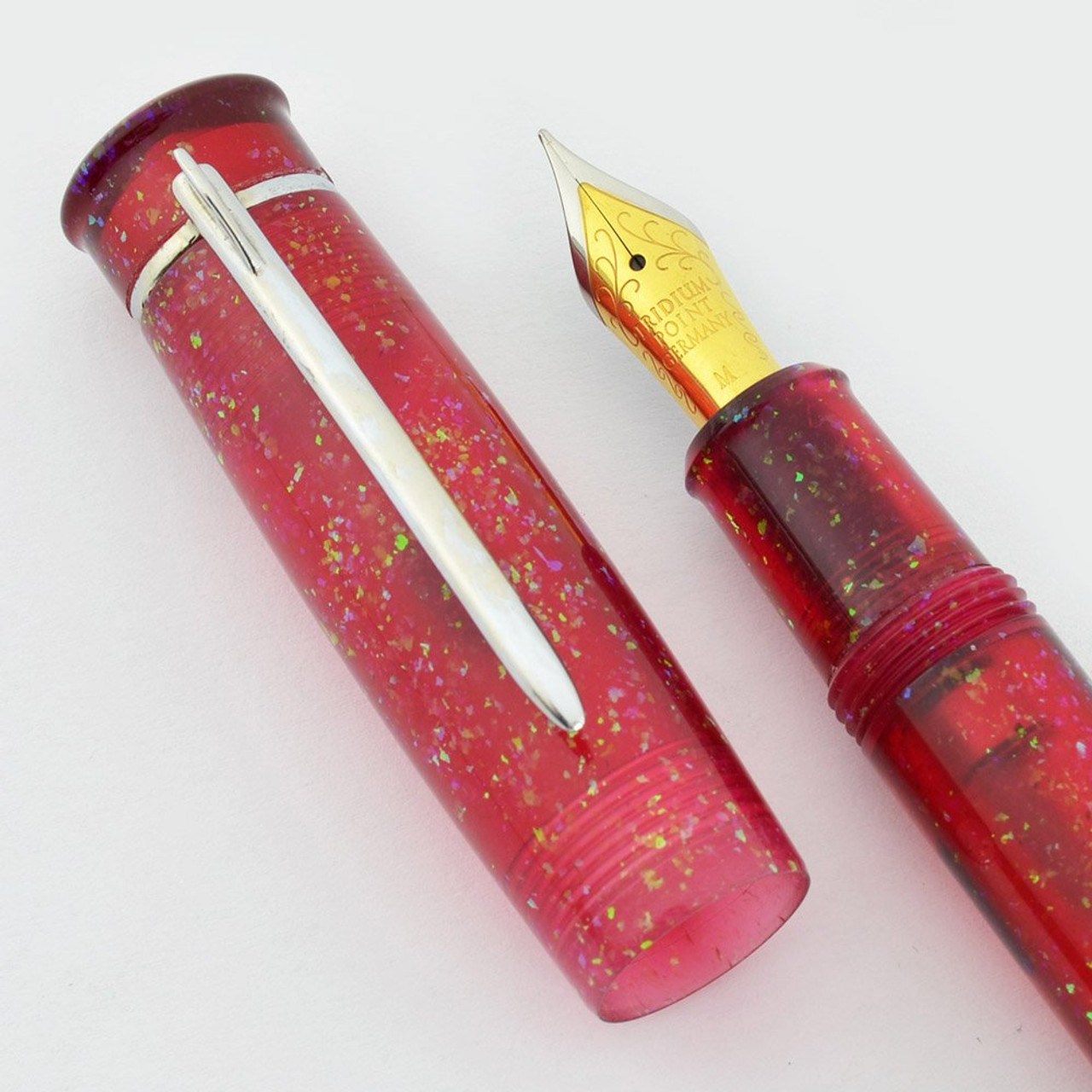 Penscapes Acrylic Fountain Pen - Dark Pink & Glitter, Silver Airplane Clip, Medium Nib (Mint)