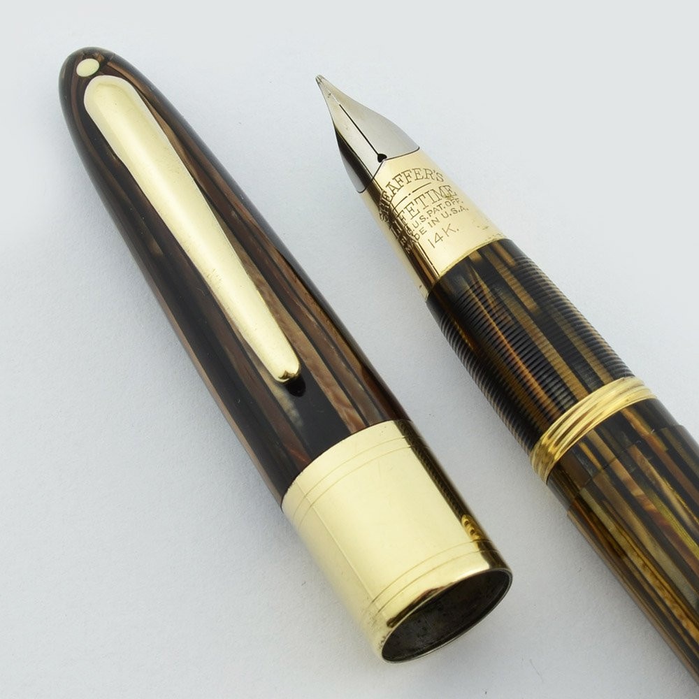 Sheaffer Valiant Lifetime 1250 Fountain Pen - Fat Version, Wide Band, Brown Striated, Vac Fil, Medium (Superior, Restored)