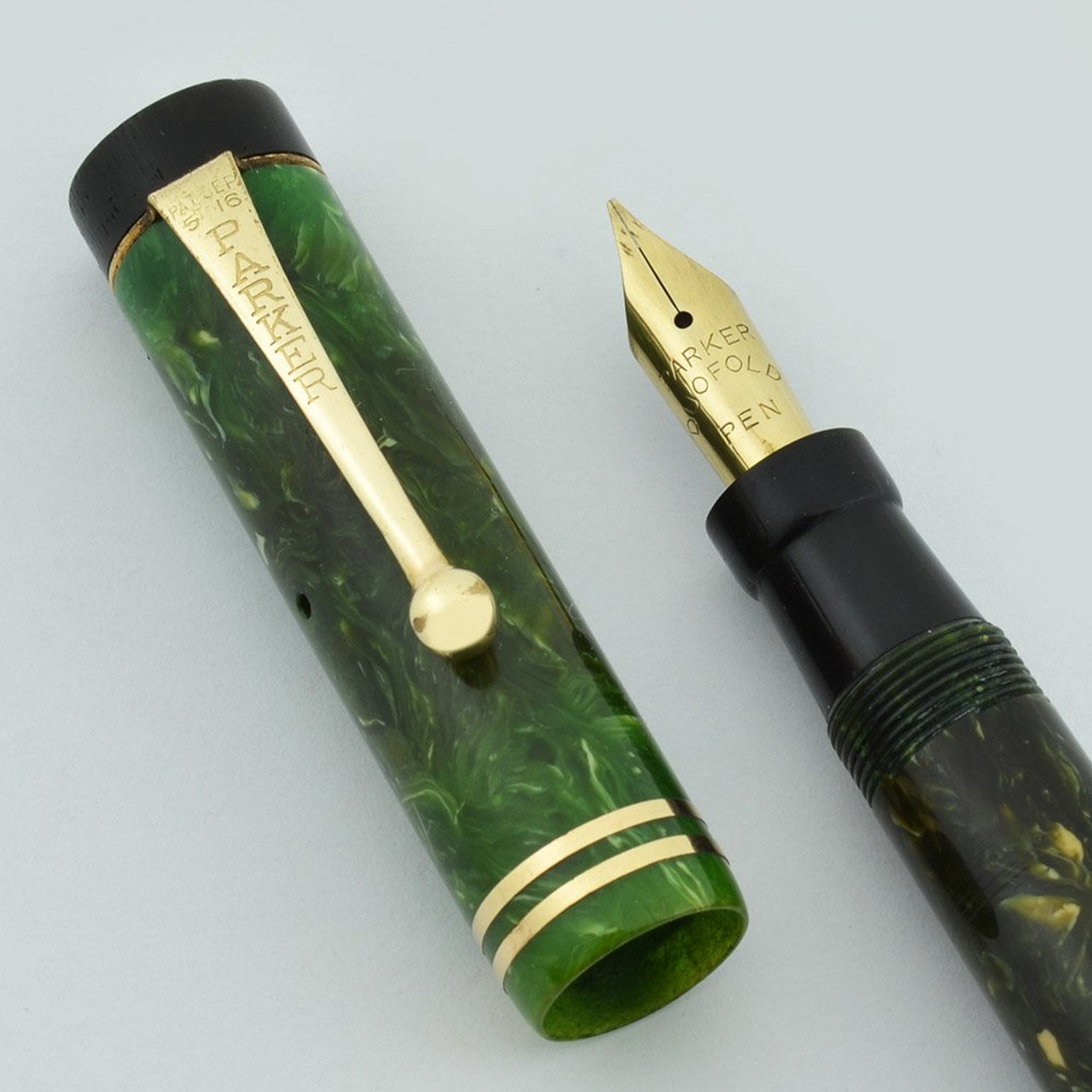 Parker Duofold Junior Fountain Pen - Jade Green, Two Bands, Fine Nib (Very Nice, Restored)