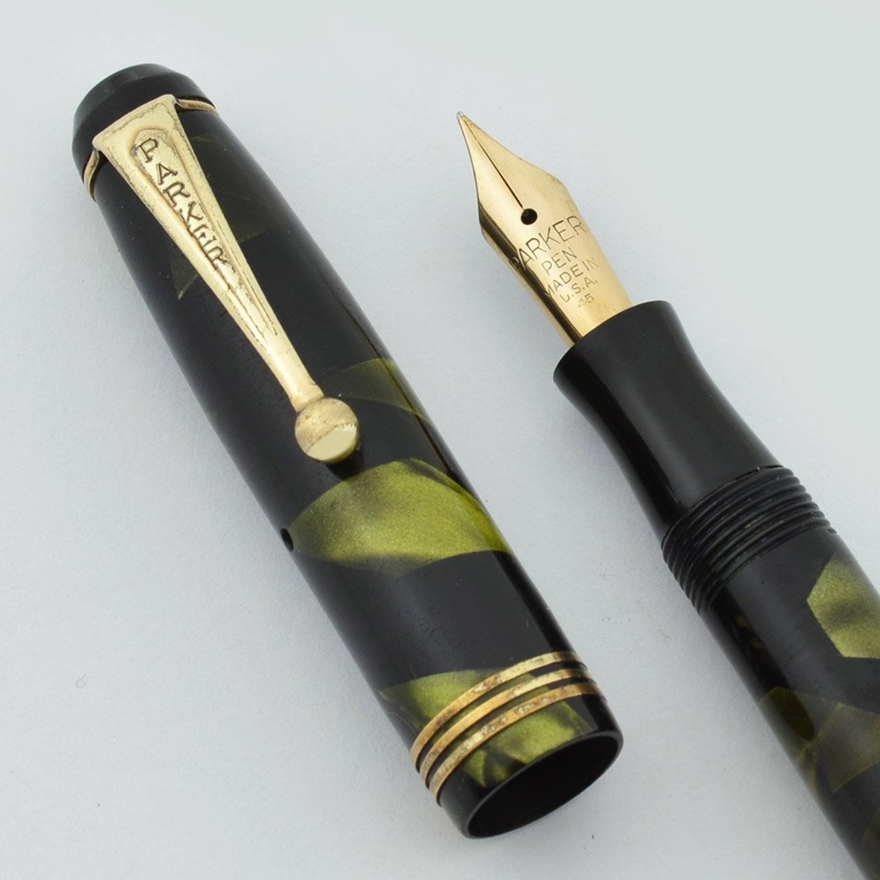 Parker Thrift Time Fountain Pen - 1930s, Button Filler, Green Marble, Fine Semi-Flex Nib (Excellent, Restored)