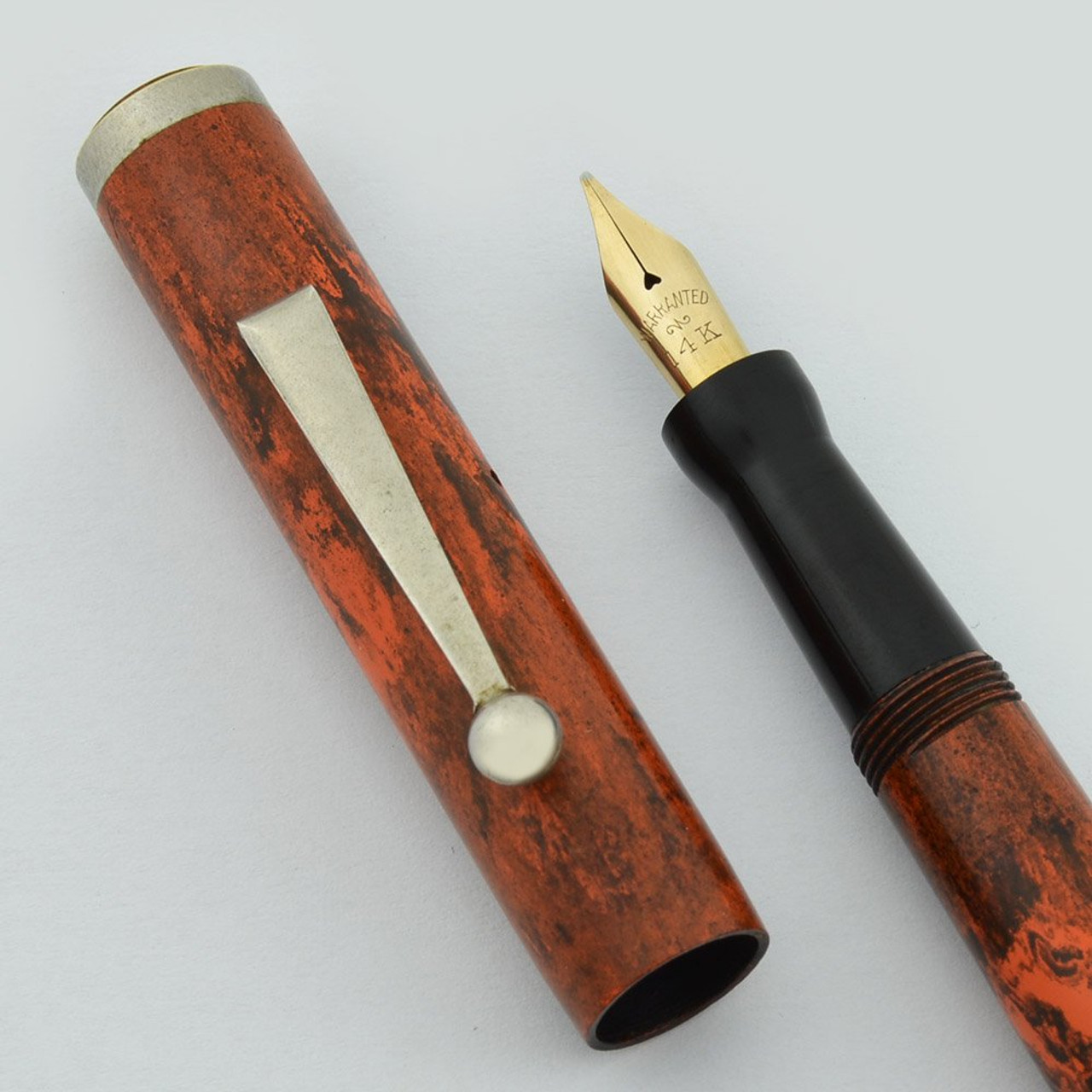 Paramount Fountain Pen - Red Mottled Hard Rubber, Flexible 14K Nib (Excellent, Restored)